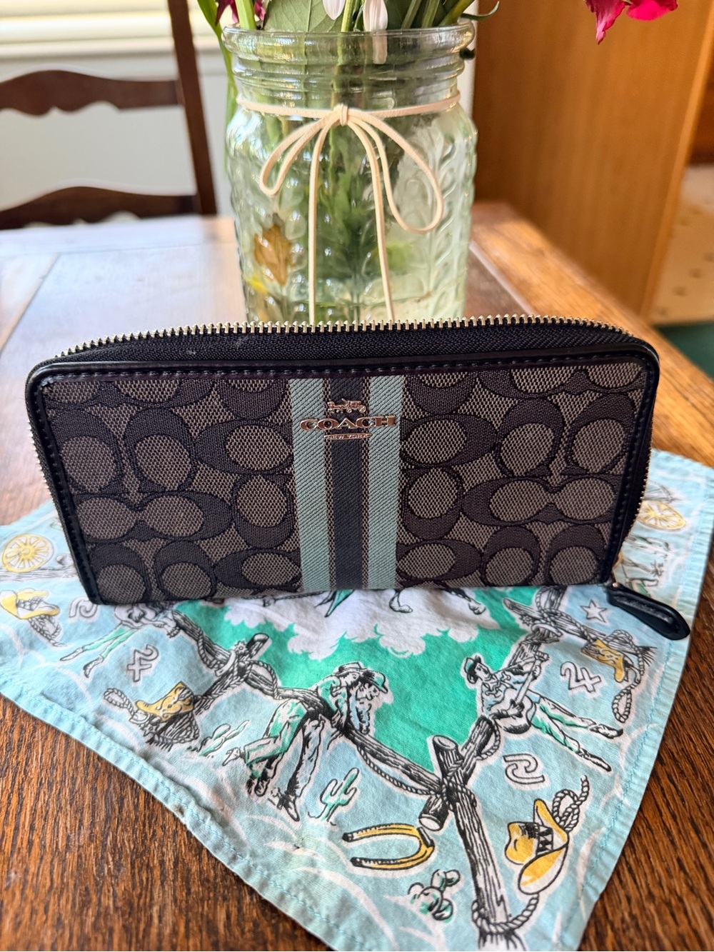 Coach Men's Signature Zip Wallet in Black with Blue Stripe